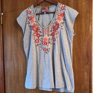 Johnny Was Large Gray Floral Embroidered Women's Top